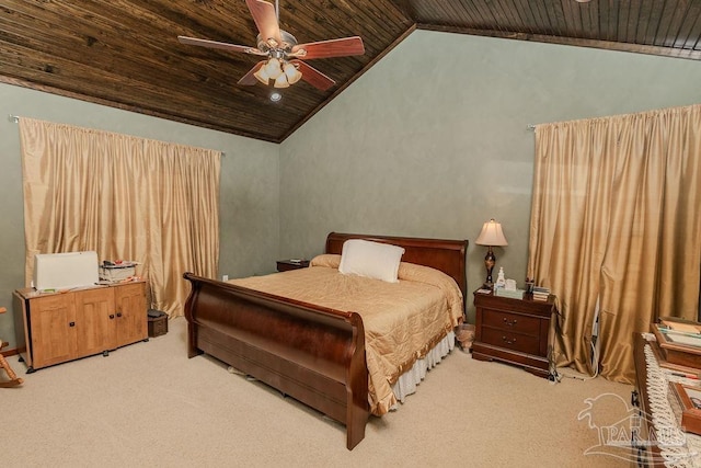 bedroom with ceiling fan, lofted ceiling, light carpet, and wooden ceiling