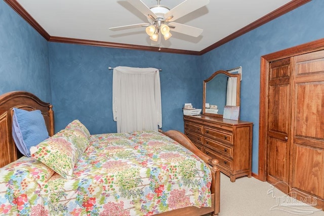 bedroom featuring ceiling fan, light colored carpet, and ornamental molding