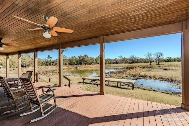 wooden terrace with a water view and ceiling fan