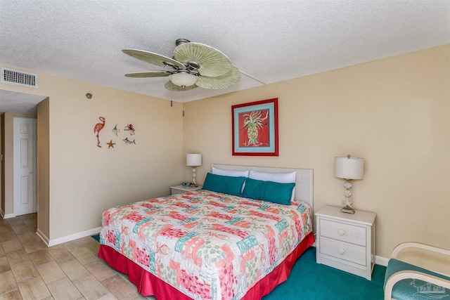 bedroom featuring a textured ceiling, visible vents, ceiling fan, and baseboards