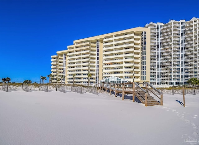 view of snow covered building