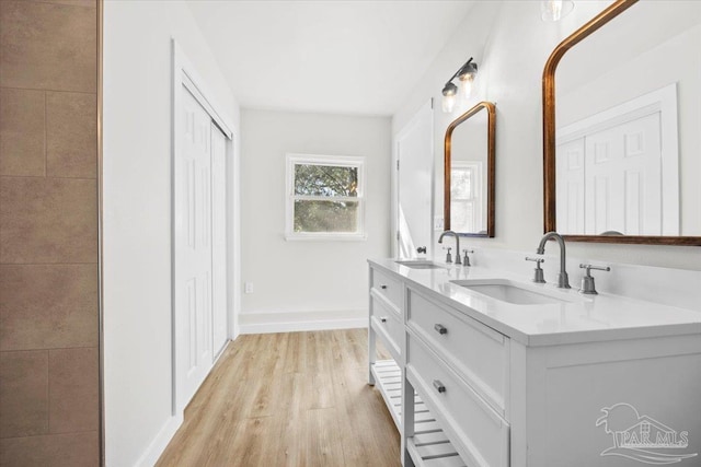 bathroom with hardwood / wood-style floors and vanity