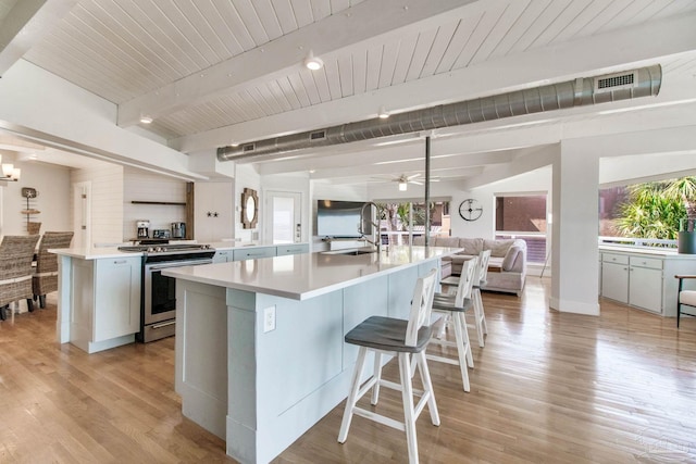 kitchen with a sink, beamed ceiling, gas range, and a wealth of natural light