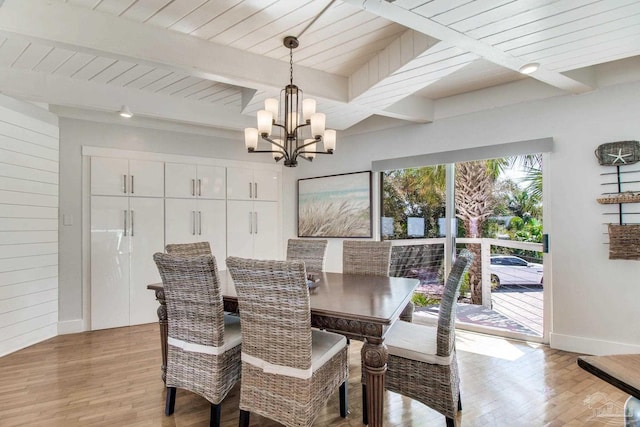 dining room featuring baseboards, wood ceiling, beam ceiling, light wood-style flooring, and a notable chandelier