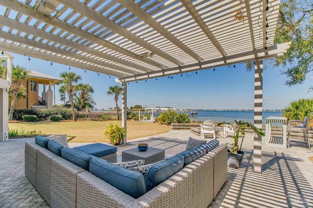 view of patio / terrace featuring a pergola, a water view, and an outdoor hangout area