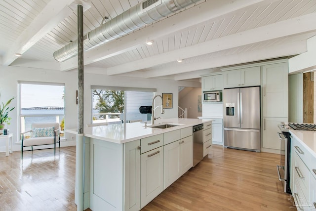 kitchen with an island with sink, stainless steel appliances, light countertops, and a sink