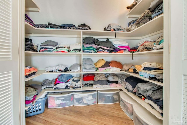 walk in closet with wood finished floors