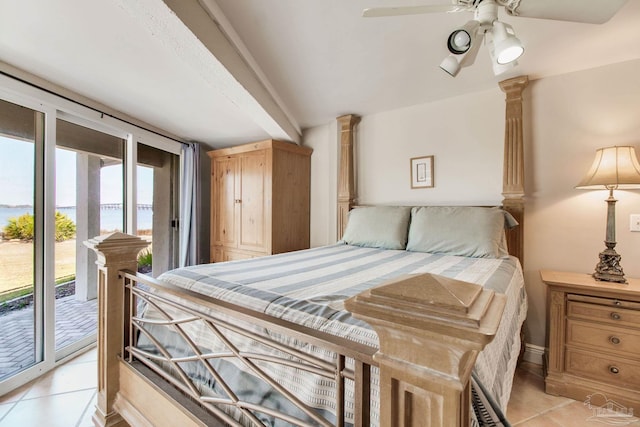 bedroom featuring access to exterior, light tile patterned flooring, a water view, and ceiling fan