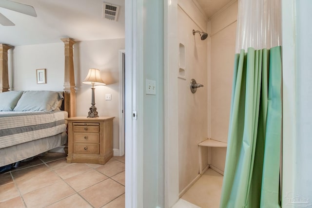 bathroom with a ceiling fan, visible vents, ensuite bath, tile patterned flooring, and curtained shower