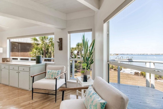 interior space featuring a water view and light wood-type flooring