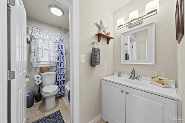 5607 Fairview Dr, Pensacola, FL 32505 - bathroom with vanity, toilet, shower / tub combo with curtain, baseboards, and tile patterned flooring