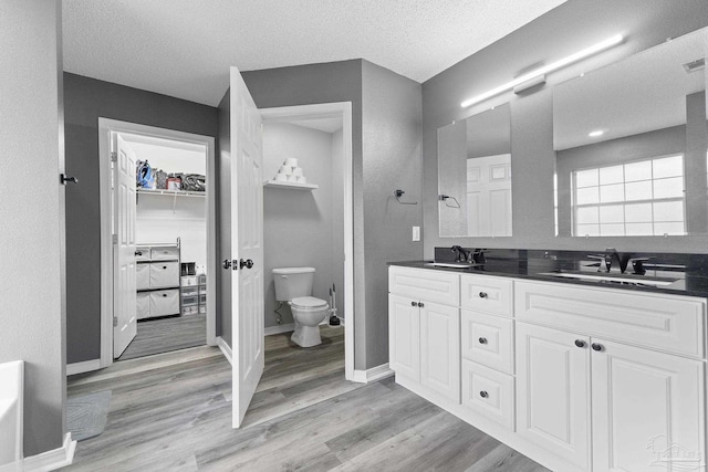 bathroom with vanity, a textured ceiling, wood-type flooring, and toilet