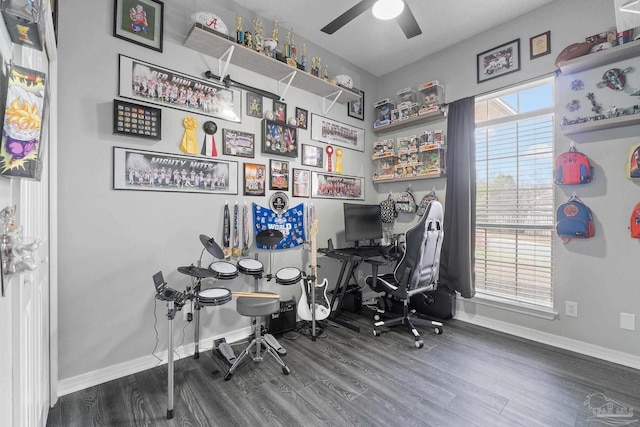 office area with hardwood / wood-style floors and ceiling fan