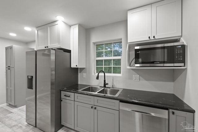 kitchen with appliances with stainless steel finishes, white cabinetry, dark stone counters, and sink