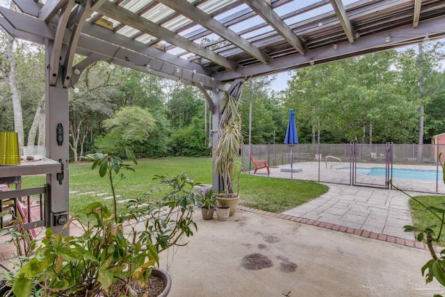 view of patio featuring a pergola, a fenced in pool, and fence