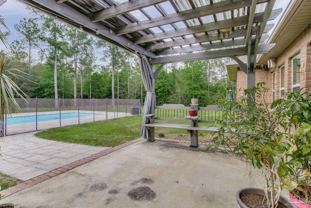 view of patio featuring cooling unit, a pergola, fence, and a fenced in pool