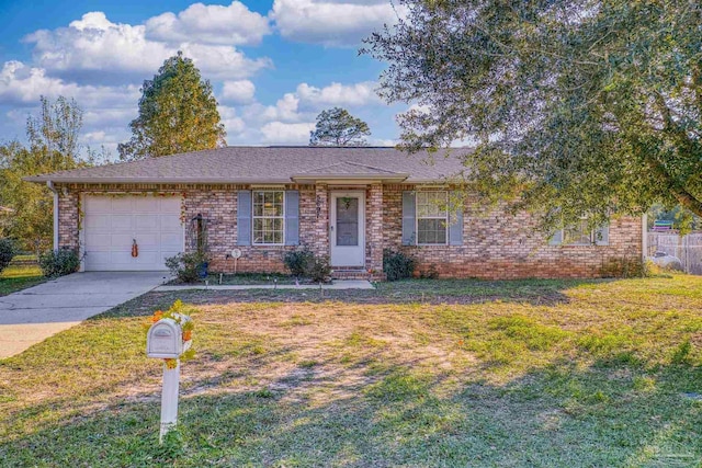 ranch-style house with a garage and a front lawn