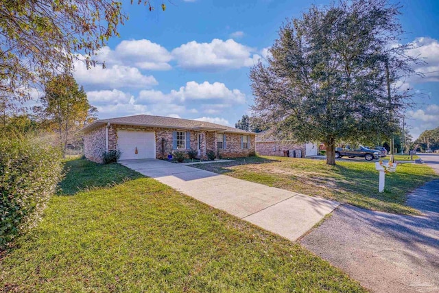 ranch-style home featuring a garage and a front yard