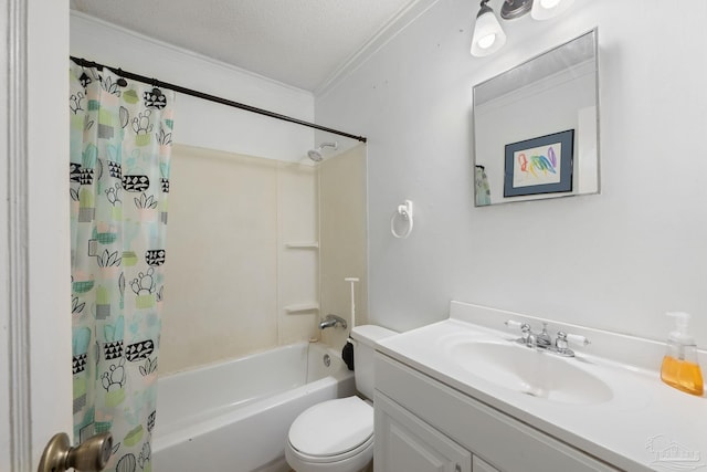 full bathroom featuring toilet, shower / bath combination with curtain, ornamental molding, vanity, and a textured ceiling