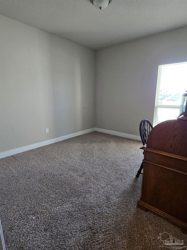 office featuring a textured ceiling, baseboards, and carpet floors