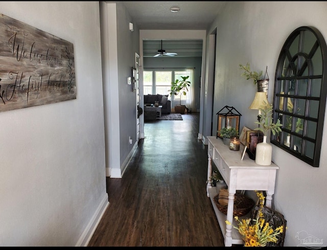 hall featuring dark wood-type flooring and baseboards