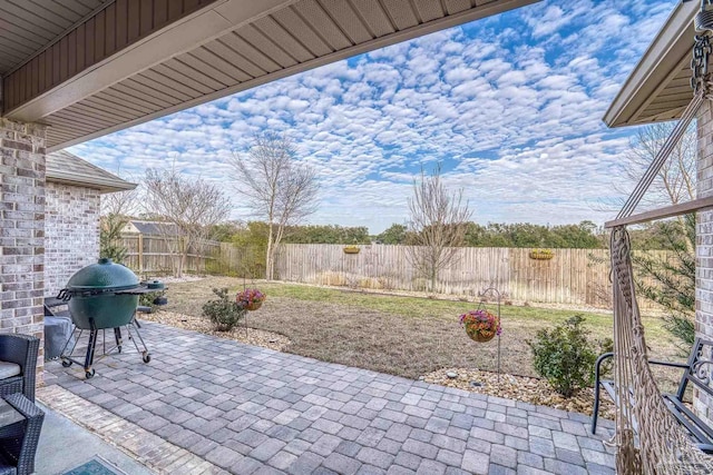 view of patio / terrace with a fenced backyard and a grill