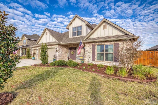 craftsman house featuring driveway, fence, board and batten siding, and brick siding