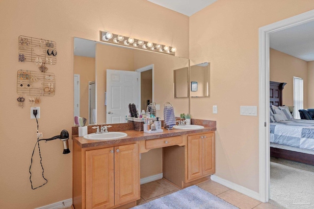 10108 Castleberry Blvd, Pensacola, FL 32526 - full bathroom with connected bathroom, double vanity, tile patterned floors, and a wood stove