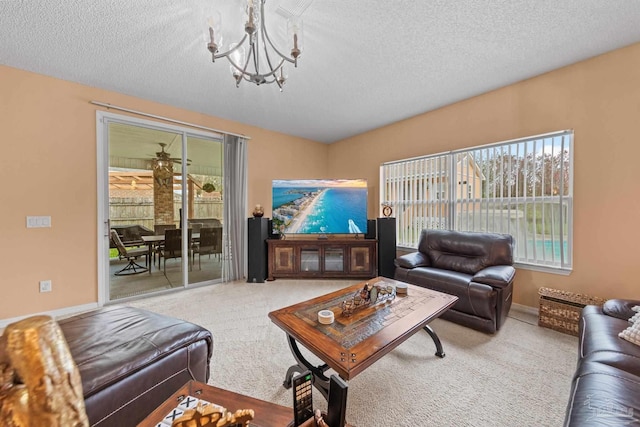 10108 Castleberry Blvd, Pensacola, FL 32526 - living area with a chandelier, healthy amount of natural light, carpet floors, and a textured ceiling