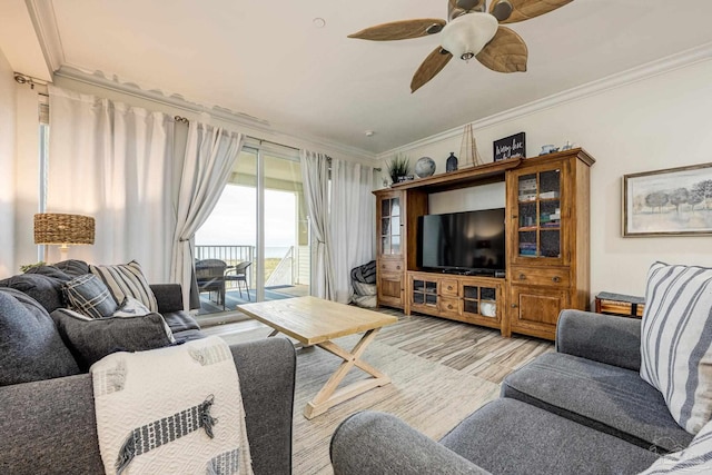 living room with ceiling fan, light hardwood / wood-style flooring, and ornamental molding