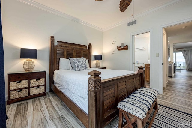 bedroom with ensuite bathroom, light hardwood / wood-style flooring, ceiling fan, and crown molding