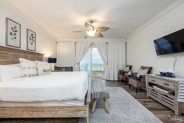 bedroom with access to exterior, ceiling fan, crown molding, and dark wood-type flooring