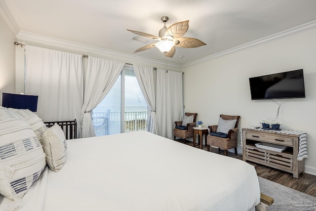 bedroom featuring access to exterior, crown molding, ceiling fan, and dark wood-type flooring