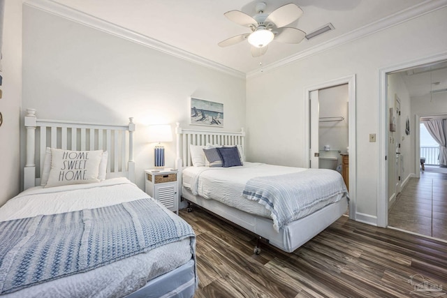 bedroom with ceiling fan, dark wood-type flooring, and ornamental molding