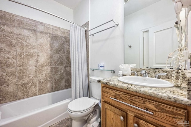 full bathroom featuring tile patterned flooring, vanity, shower / bath combination with curtain, and toilet