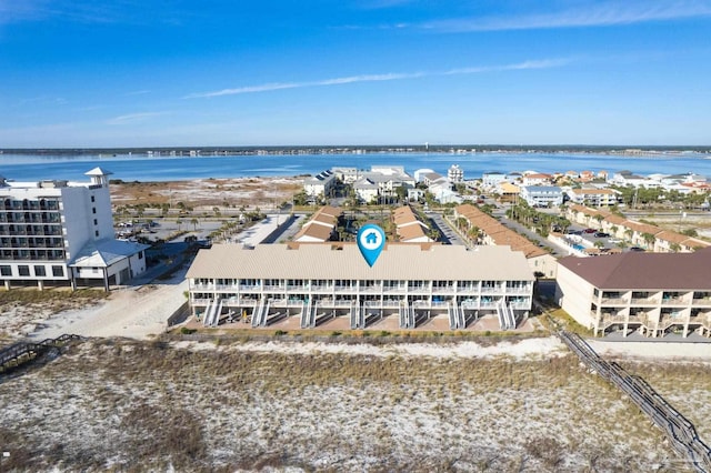 bird's eye view with a water view