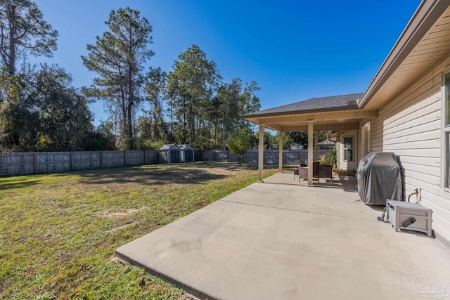 view of yard with a patio and a shed