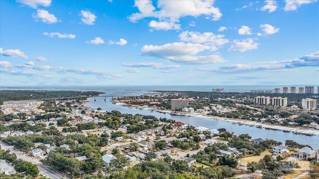 bird's eye view with a water view