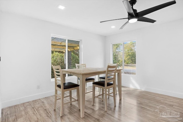 dining space featuring plenty of natural light, light hardwood / wood-style floors, and ceiling fan