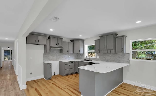 kitchen featuring backsplash, light hardwood / wood-style floors, gray cabinets, and sink