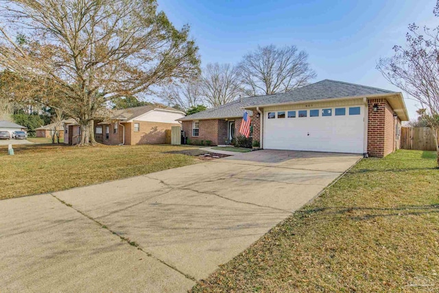 ranch-style house featuring a garage, brick siding, fence, concrete driveway, and a front lawn