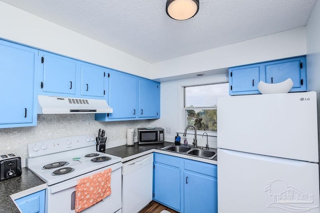 kitchen with a sink, a textured ceiling, blue cabinets, white appliances, and extractor fan