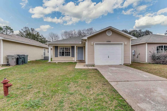 ranch-style house featuring a garage, central AC, and a front yard