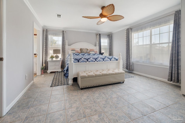 bedroom featuring ceiling fan and crown molding