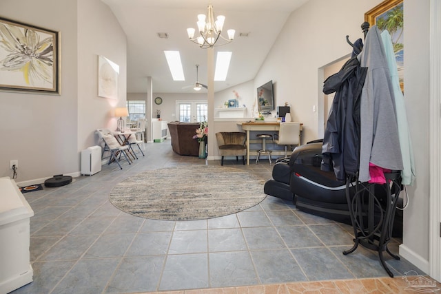 interior space featuring vaulted ceiling and a notable chandelier