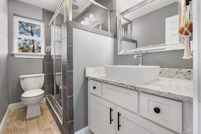 bathroom featuring vanity, toilet, and a shower with door