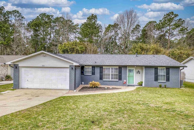 single story home with a garage, brick siding, a shingled roof, driveway, and a front yard