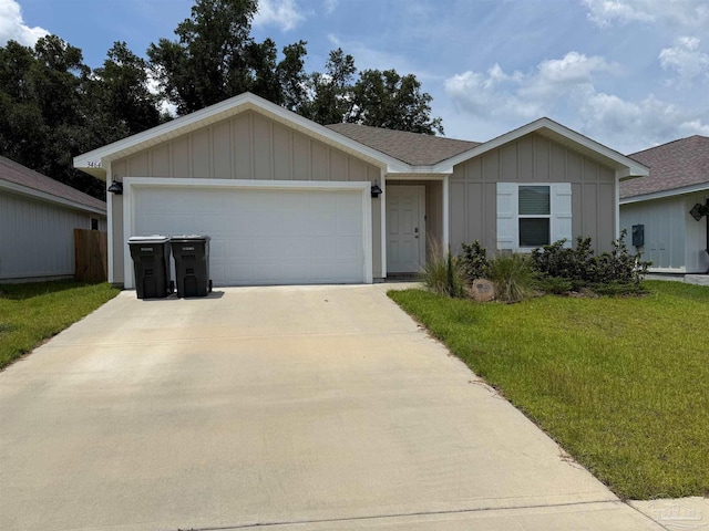 3464 Fallschase Blvd, Pensacola, FL 32526 - ranch-style house with driveway, a front lawn, a garage, roof with shingles, and board and batten siding