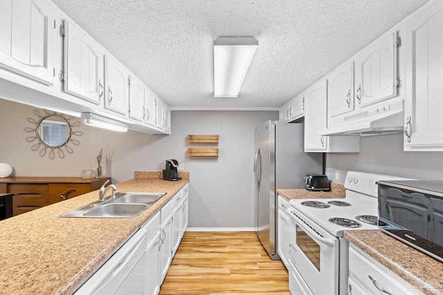 kitchen with sink, white cabinetry, light hardwood / wood-style flooring, a textured ceiling, and white appliances