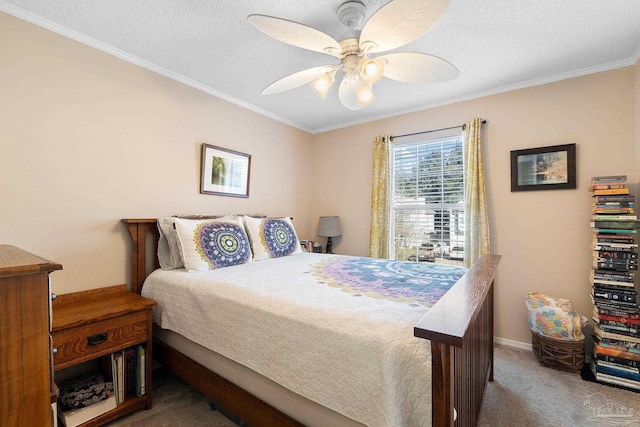 bedroom with crown molding, carpet, a textured ceiling, and ceiling fan